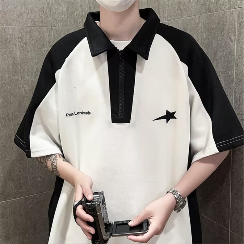 美式复古拼接翻领短袖T恤女半拉链甜酷风夏季宽松情侣polo衫TA18,男装Polo衫,星座1116A-1（原606A）