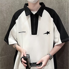 美式复古拼接翻领短袖T恤女半拉链甜酷风夏季宽松情侣polo衫TA18，男装Polo衫，星座1116A-1（原606A）