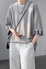 现货A059-7822-P38控58夏季高品质冰丝短拼色宽松大码T恤短袖，男装T恤，电商A059