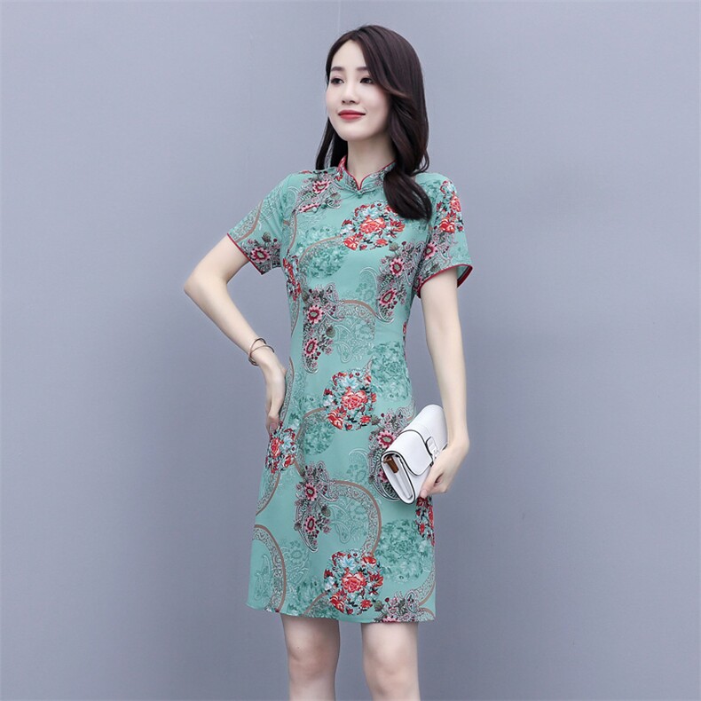 2022年夏季花色通勤短袖中长款印花淑女连衣裙,女装连衣裙,岚衣(原川流布茜）