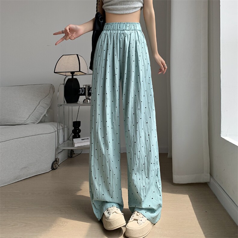 不缩水山本褶皱宽松阔腿波点裤子女24夏日系冰丝慵懒肌理纹休闲裤，女装休闲裤，梦白服饰厂