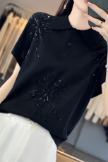 polo领天丝针织短袖女夏季新款纯色绣片提花背心百搭显瘦上衣t恤，女装T恤，暖烁羊绒