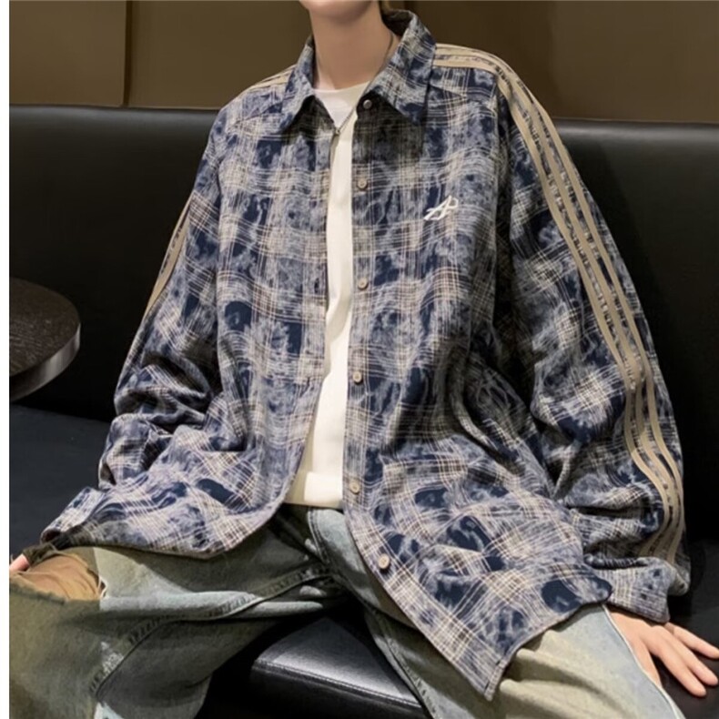 C331-P43美式高街扎染长袖衬衫男春秋季vibe潮牌休闲格纹宽,男装衬衫,电商B323A