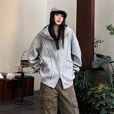 抖音得物高品质秋冬美式高街重磅结构辑明线纹理连帽卫衣外套W111，女装短外套，电商A486-1