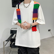夏男纯棉T恤针织拼接拼色宽松字母印花T恤衫T5001P43，男装T恤，星座1013-1