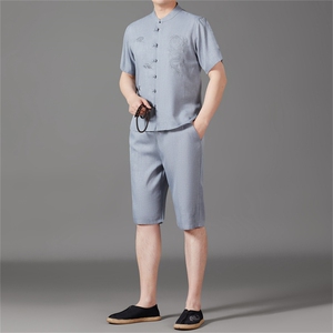 风短袖衬衫唐装短裤两件套男士夏中老年中式汉服MJ5101B-P87图片