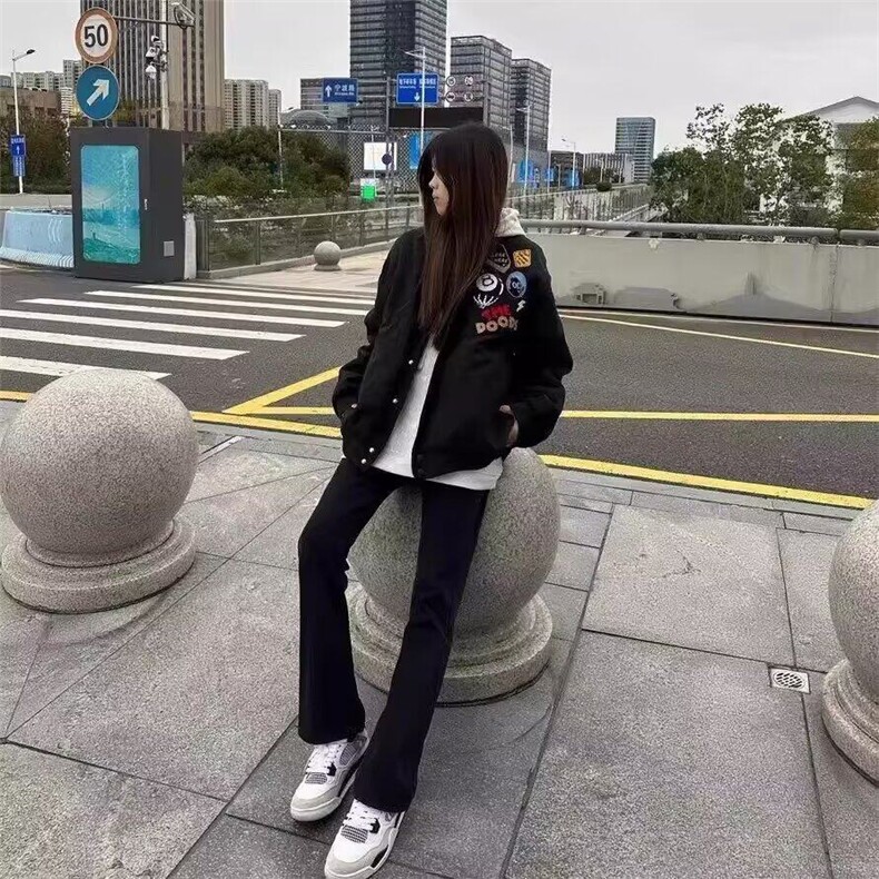 美式复古高街黑八刺绣徽章字母夹克棒球服男女情侣夹棉春秋季,女装短外套,星座506A