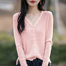 春秋精纺羊毛开衫女V领坑条木耳边针织长袖毛衣宽松休闲外套上衣，女装针织衫/毛衣，佳绒包芯纱店