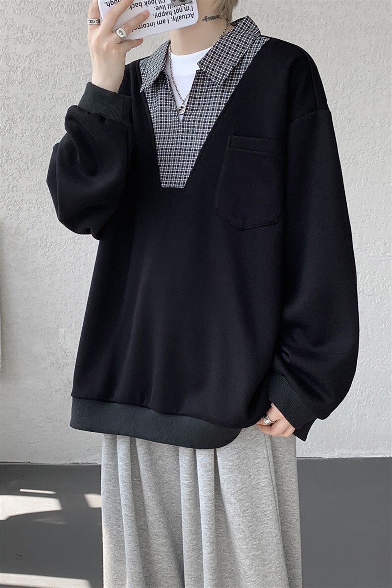 WY10153-特P48控88小众撞色面料拼接格子假两件大码男宽松卫衣,男装卫衣,电商A059