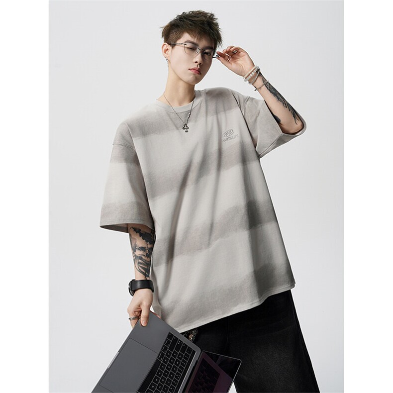 8XL-M 高品质纯棉扎染条纹短袖T恤男宽松美式复古半袖情侣DX339图片