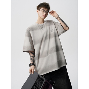 8XL-M 高品质纯棉扎染条纹短袖T恤男宽松美式复古半袖情侣DX339图片