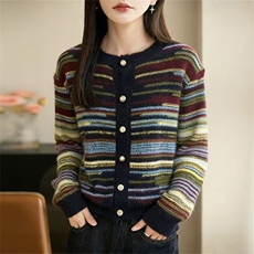 2026年秋季时尚百搭通勤简约休闲条纹圆领开衫，女装针织衫/毛衣，暖姿羊绒