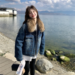 美式复古毛领羽绒内胆牛仔外套女中长小个子派克新款2025年冬季图片