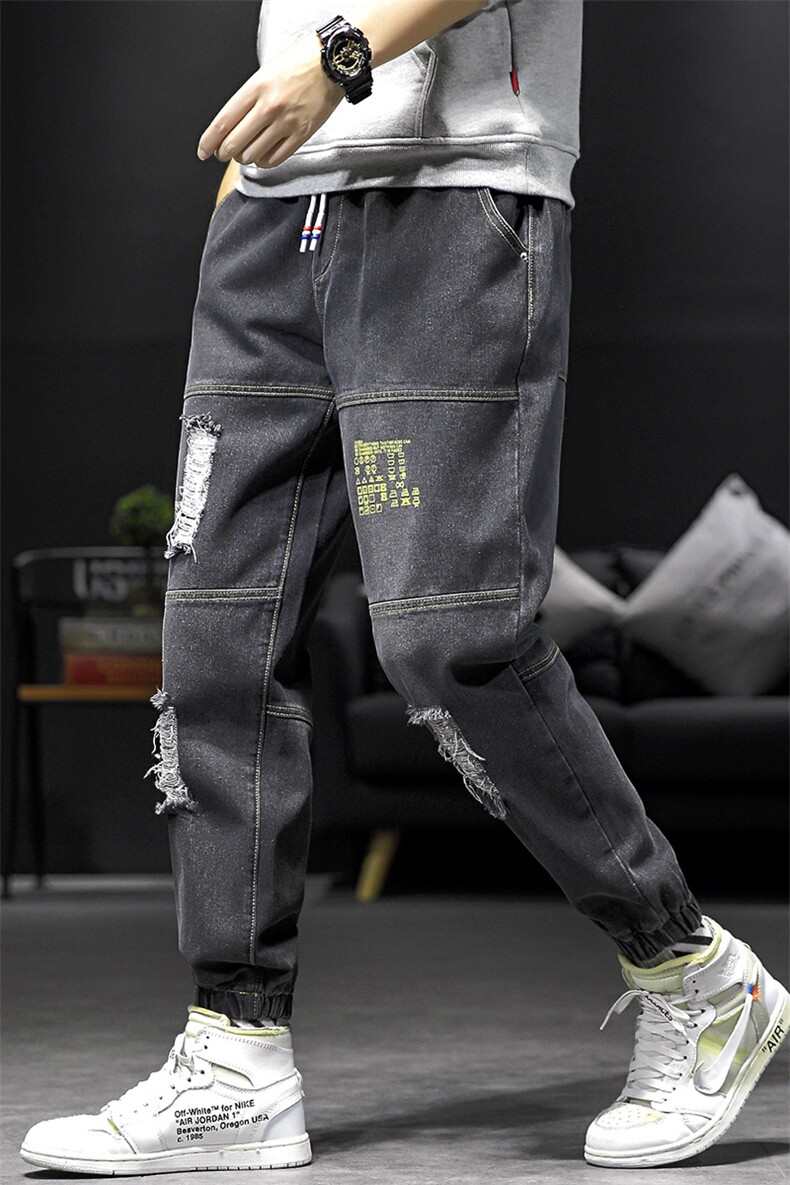 2021春季新日系大码男字母印花破洞拼接束脚九分牛仔裤N8102-P55,男装牛仔裤,电商A001