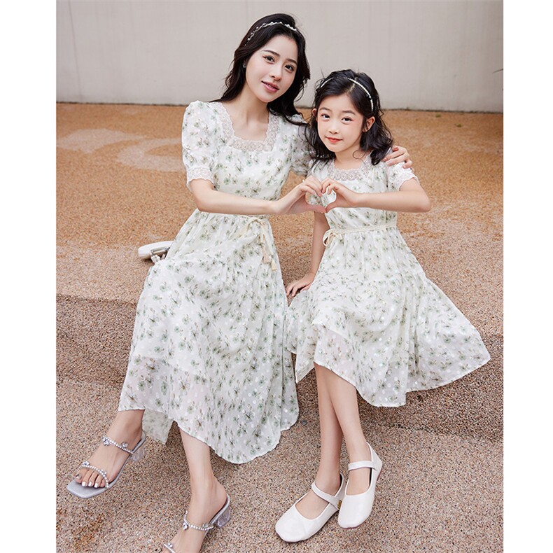 2023夏季新款雪纺印花法式亲子连衣裙甜美优雅显瘦长裙,女装连衣裙,安之芮娜