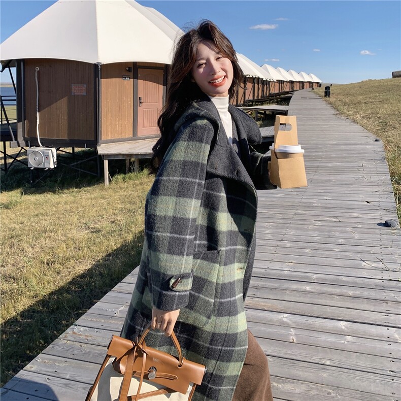 复古格纹长款立领双面呢羊毛大衣女2025秋新款学院风减龄毛呢外套,女装双面呢大衣,蝶眷