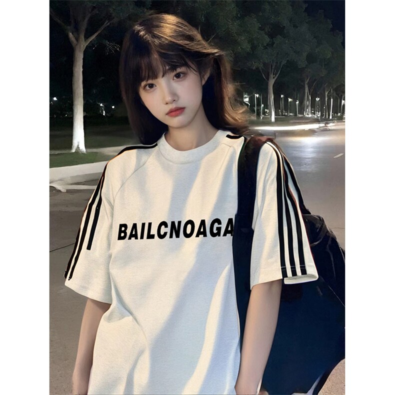 抖音得物高品质二开240克宽松纯棉美式潮牌三条杠织带短袖T恤,男装T恤,电商A486-1