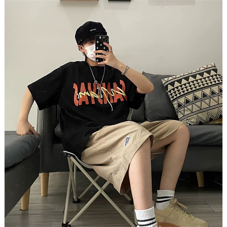 抖音得物 210克现货宽松纯棉美式潮牌印花落肩袖纯棉T恤AT21117图片
