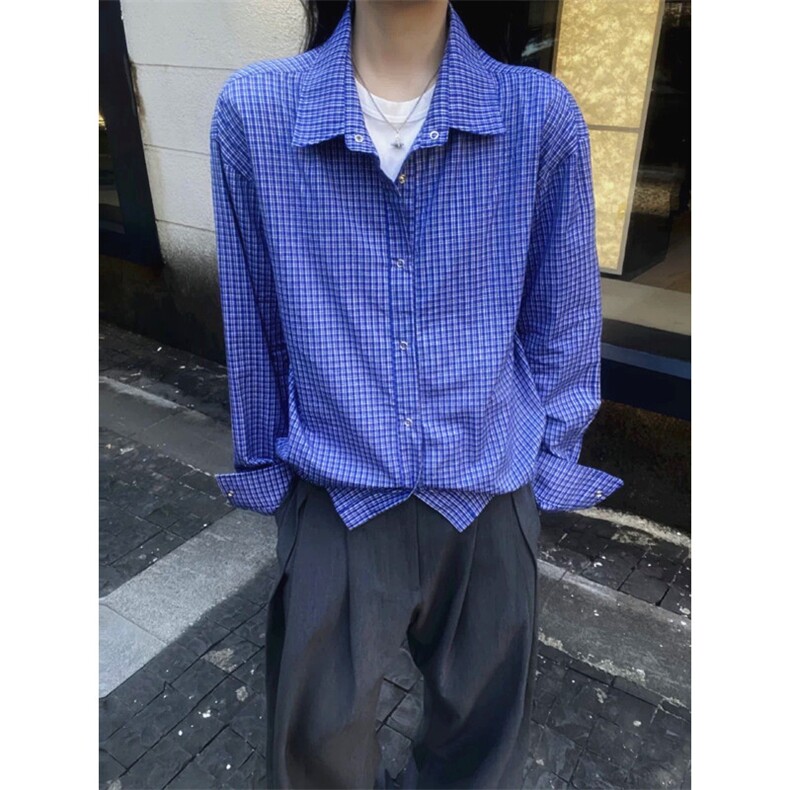 系带蓝色格子衬衫女别致上衣衬衣秋季新款气质宽松小衫C219,男装衬衫,星座1116A（原606A-3）