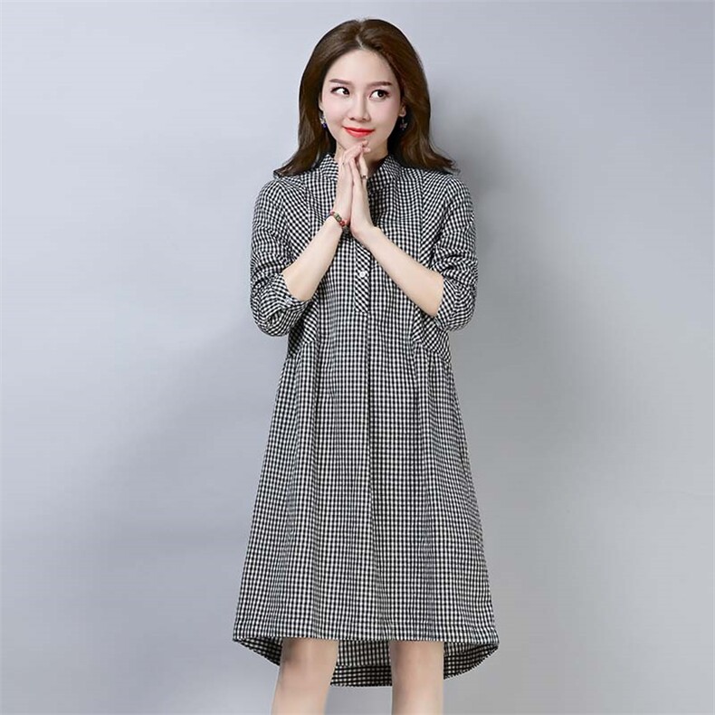格子连衣裙长袖时尚修身潮流气质中长款排多扣，女装连衣裙，小林双子