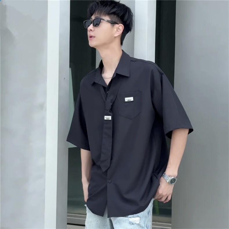 网图夏季冰丝短袖衬衫宽松学院风情侣衬衣（送领带）CS802-P40,男装T恤,星座1213