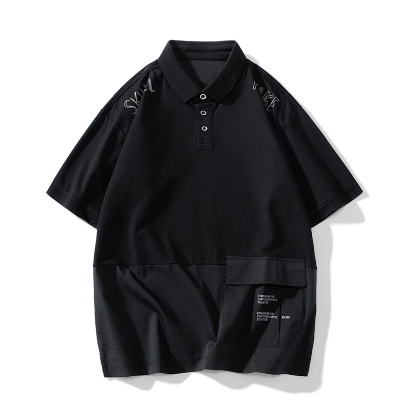 新款主推日系宽松拼接翻领短袖T恤时尚百搭冰丝POLO衫男P217P50图片