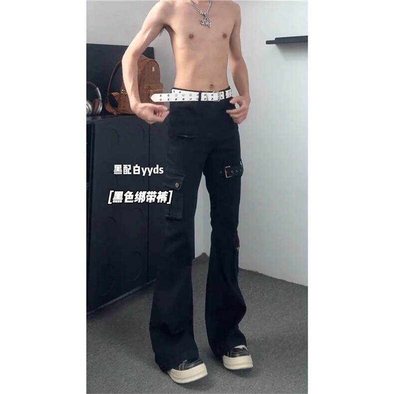 美式高街vibe风黑色绑带微喇工装牛仔裤cleanfit喇叭裤子长裤男潮,男装牛仔裤,星座601-1