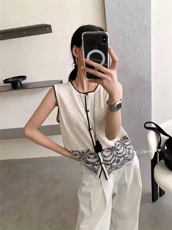 夏季新款简约竹节麻民族风提花坎肩女宽松百搭显瘦时尚休闲上衣，女装针织衫/毛衣，雪真羊绒