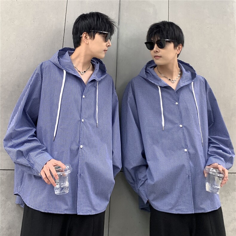 夏季免烫抗皱蓝色格子衬衫连帽宽松休闲防晒衬衣CS04-P58,男装衬衫,电商C307A