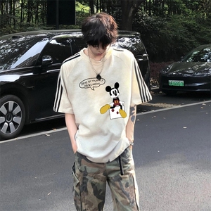 抖音得物高品质二开240克宽松纯棉美式潮牌三条杠织带短袖T恤图片