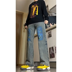 新款美式街头涂鸦水洗做旧牛仔裤男春秋季高街宽松直筒休闲裤，男装牛仔裤，星座410-6（原星座1304-1）