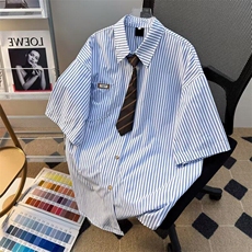复古学院风夏季潮流百搭休闲领带条纹短袖衬衫男女情侣原宿配领带，男装工装外套，星座1013