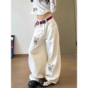 美式牛仔直筒裤休闲拖地裤白色阔腿长裤子秋冬季1008-L84011-P52图片