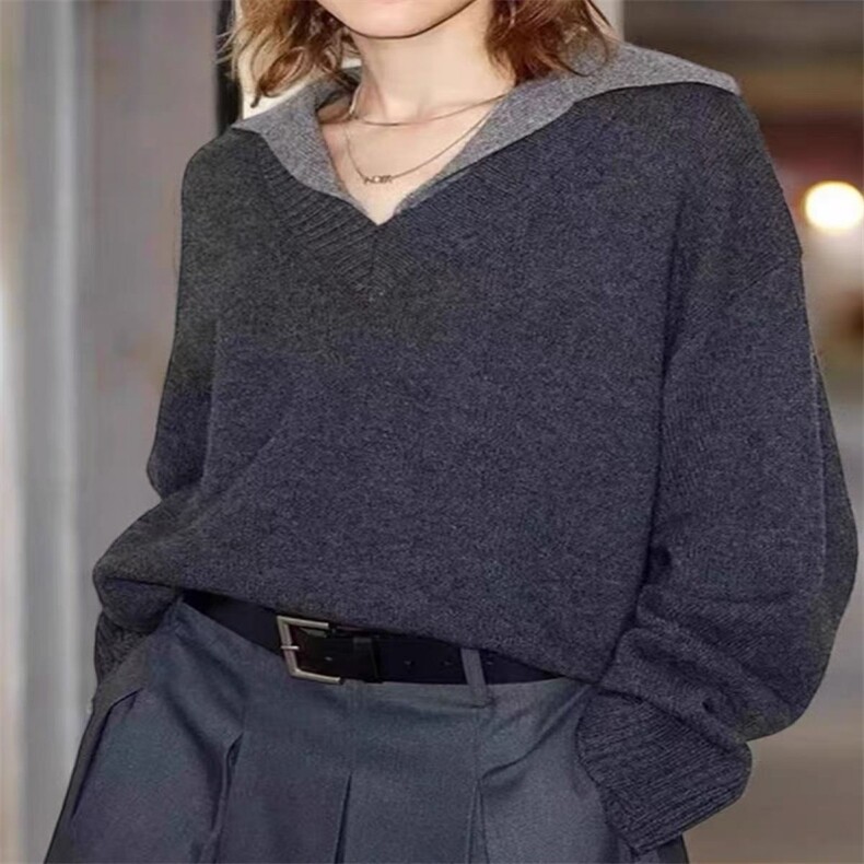 秋季新款纯色v领针织套头上衣，女装针织衫/毛衣，悦玛羊绒