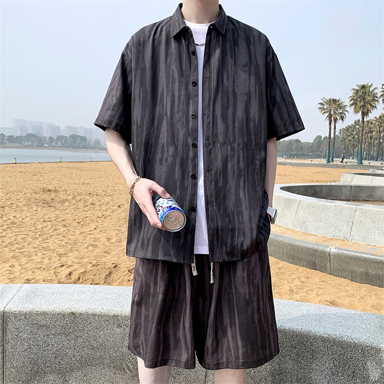 夏日套装大码宽松花衬衫男短袖痞帅休闲上衣两件套衣25裤18/TP43,男装T恤,电商A012