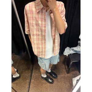 夏美式复古格纹短袖衬衫男女宽松休闲慵懒风外套上衣LCS2022-p43图片