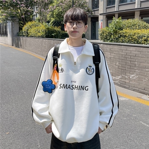 港风 秋装美式拼接织带印花情侣卫衣运动翻领外套 男女 G1060 P58图片