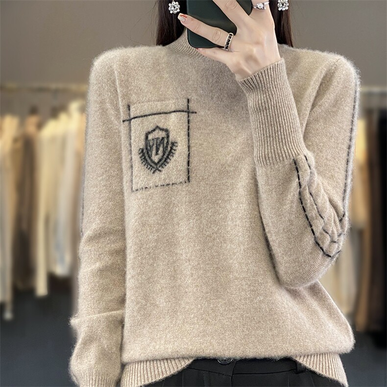新款羊毛衫女半高领套头秋冬加厚宽松大码短款毛衣针织打底衫,女装羊毛衫,蒙特羊绒