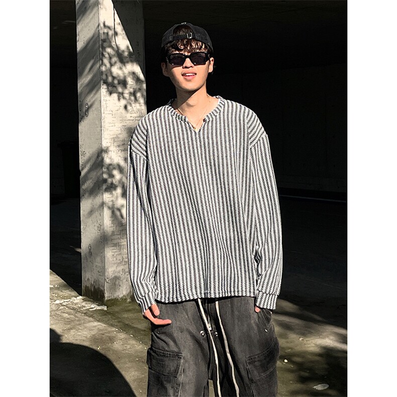 美式高街千鸟格子长袖T恤男女亨利V领英伦雅痞休闲宽松长袖打底衫，男装T恤，电商A486