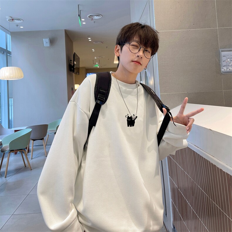 华夫格！华夫格上衣男圆领华夫格卫衣男大码长袖t恤男HY196-P30图片