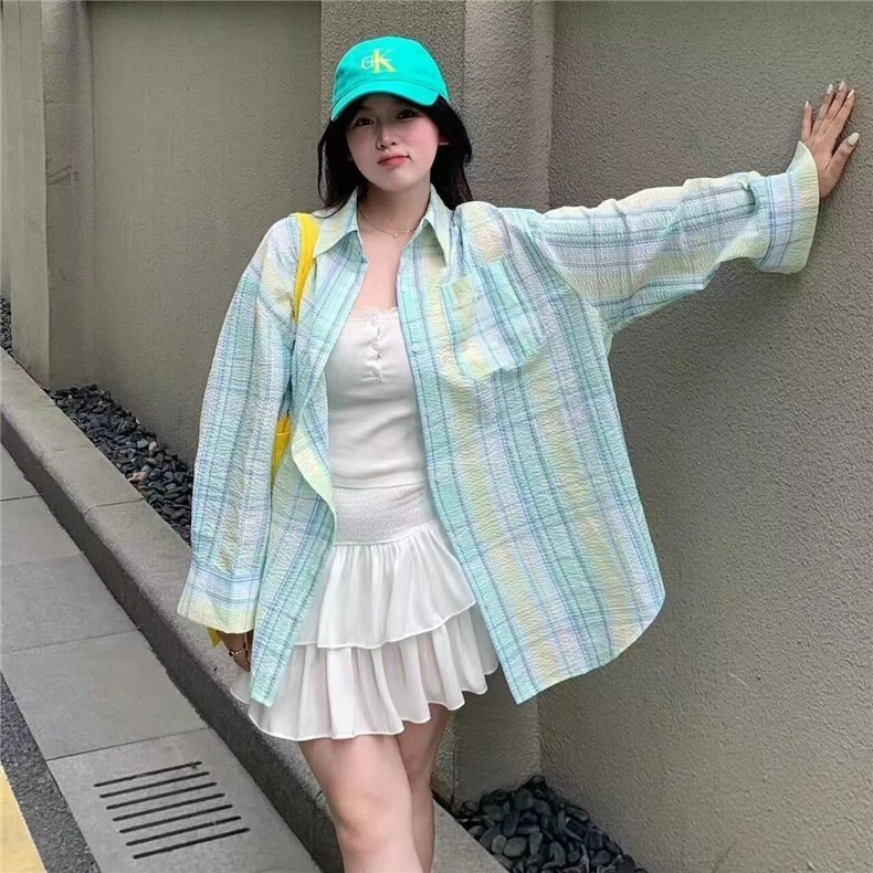 薄荷绿格子外搭防晒衬衫薄款外套男款2025夏季法式温柔氛围感衬衣,男装衬衫,电商B212（原钱塘6029）