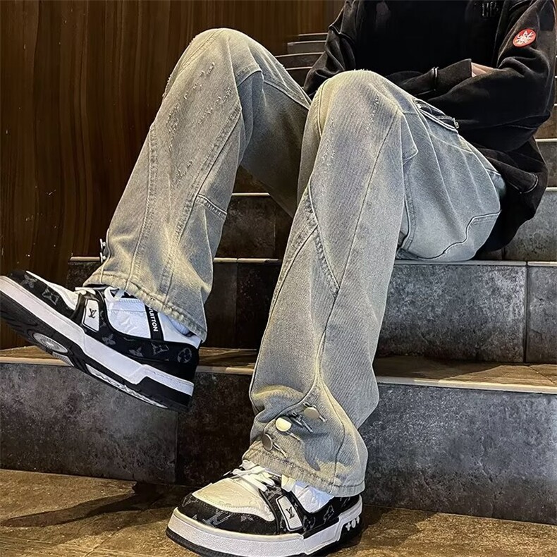 美式街头黄泥染拉链牛仔裤男女高街vibe风直筒裤显瘦微喇叭长裤子,男装牛仔裤,星座601-1