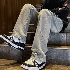 美式街头黄泥染拉链牛仔裤男女高街vibe风直筒裤显瘦微喇叭长裤子，男装牛仔裤，星座601-1