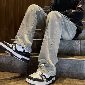 美式街头黄泥染拉链牛仔裤男女高街vibe风直筒裤显瘦微喇叭长裤子图片