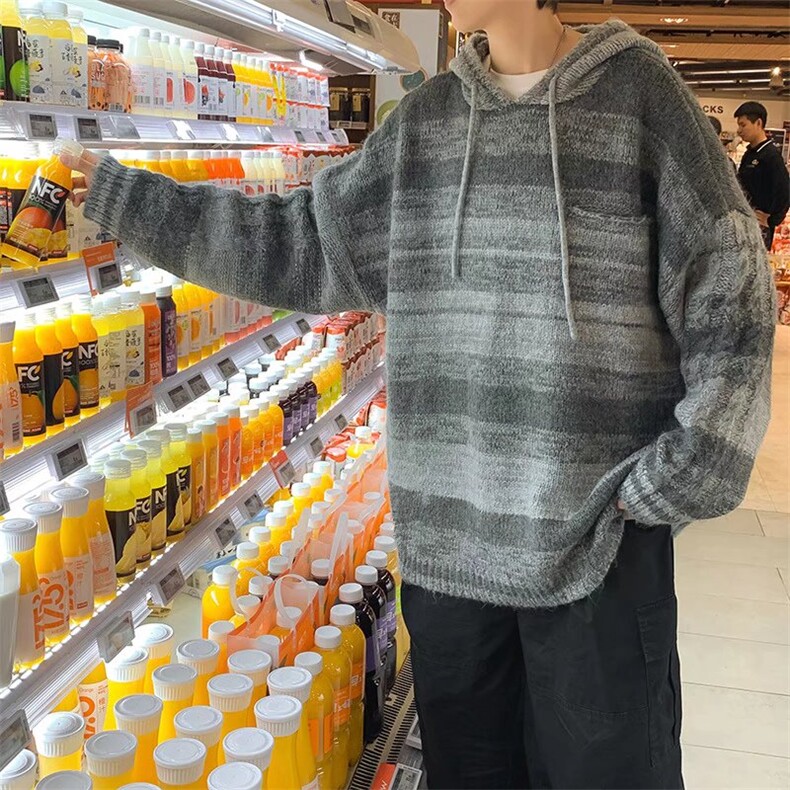 秋冬季拼色毛衣男潮慵懒复古宽松条纹连帽针织INS休闲百搭外套,男装针织衫/毛衣,星座506A