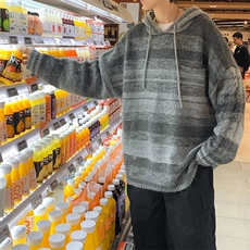 秋冬季拼色毛衣男潮慵懒复古宽松条纹连帽针织INS休闲百搭外套，男装针织衫/毛衣，星座506A