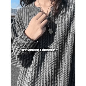 美式高街千鸟格子长袖T恤男女亨利V领英伦雅痞休闲宽松长袖打底衫图片