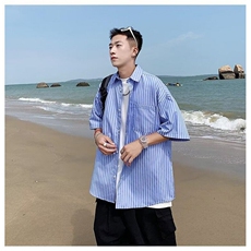 D555-P35新款条纹短袖衬衫男款潮牌痞帅外穿五分袖上衣-网图现货，男装衬衫，星座603-2