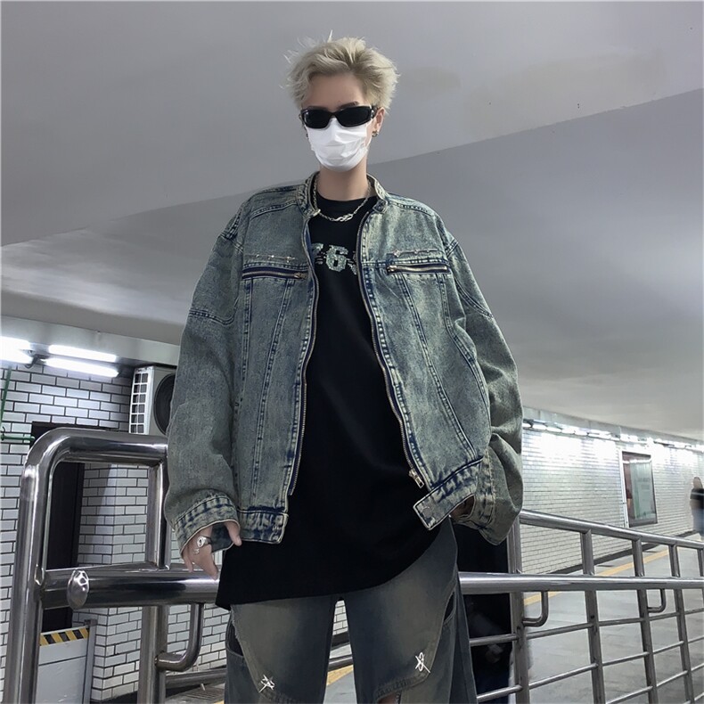 港风秋款男立领牛仔夹克工装织带拼接渐变色外套JK1224P80,男装夹克,星座1013-1