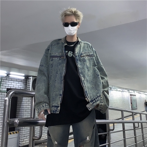 港风秋款男立领牛仔夹克工装织带拼接渐变色外套JK1224 P80图片